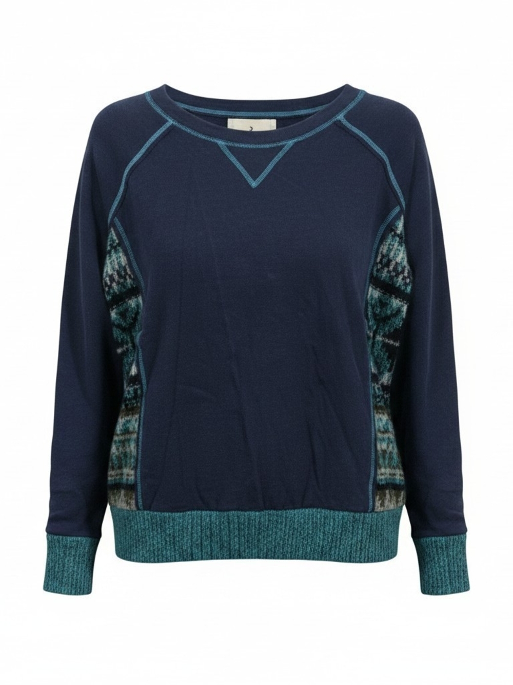 ruby moon Navy and Teal Patterned Panel Crewneck Sweater